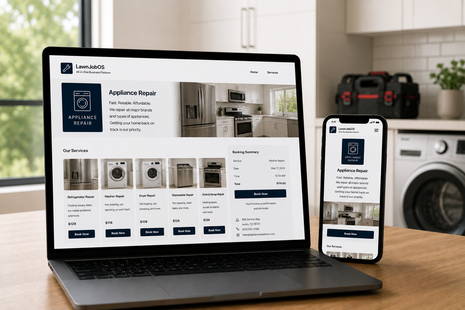 LawnJobOS booking software for a Appliance Repair Customer booking platform business displayed on a laptop and smartphone