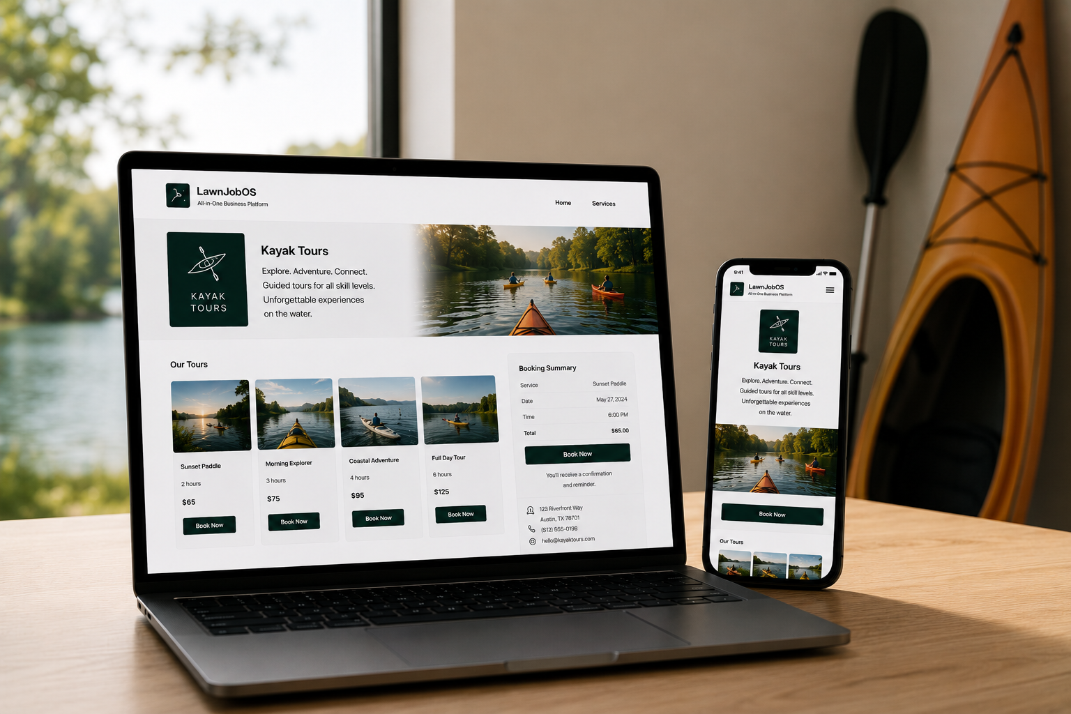 Kayak Tours Business Page with Booking System booking software displayed on laptop and smartphone next to outdoor gear