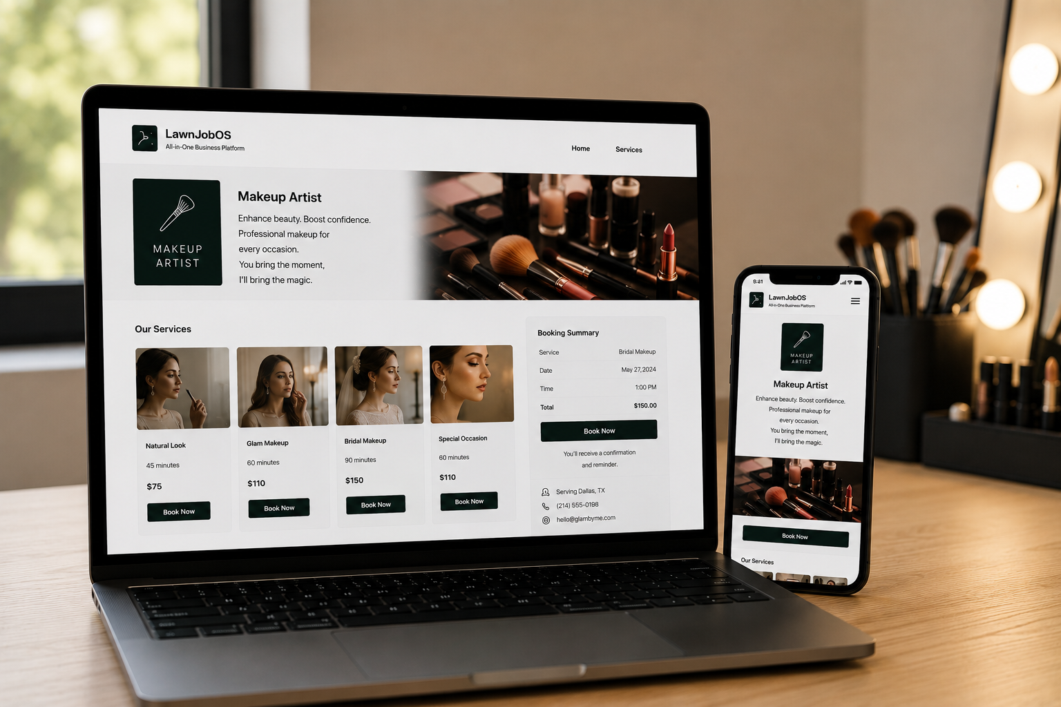 Desktop and mobile views of a professional Makeup Artist Service Business Network booking website with service listings and appointment scheduling.