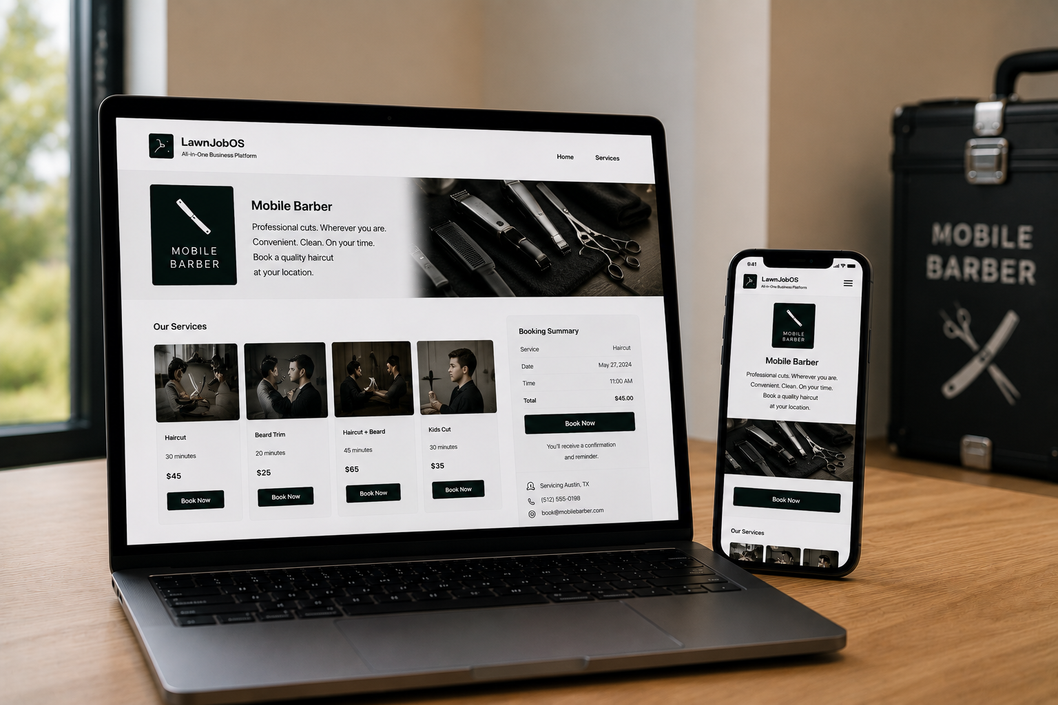 A laptop and smartphone displaying a Mobile Barber Local Service Business Platform service booking website powered by LawnJobOS.