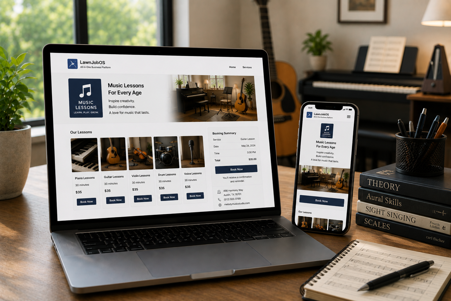 A Music Lessons Business Page with Booking System booking website shown on a laptop and mobile device in a professional studio setting.