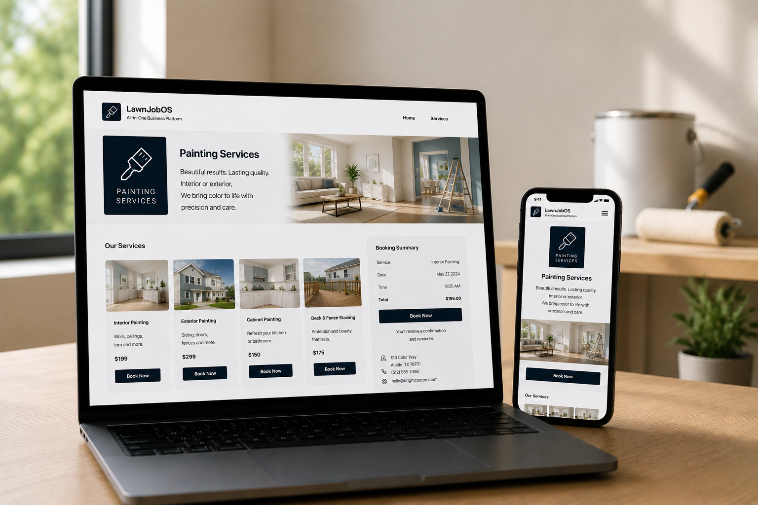 LawnJobOS booking software for Painting Services Operating System for Service Businesses professionals displayed on a laptop and smartphone