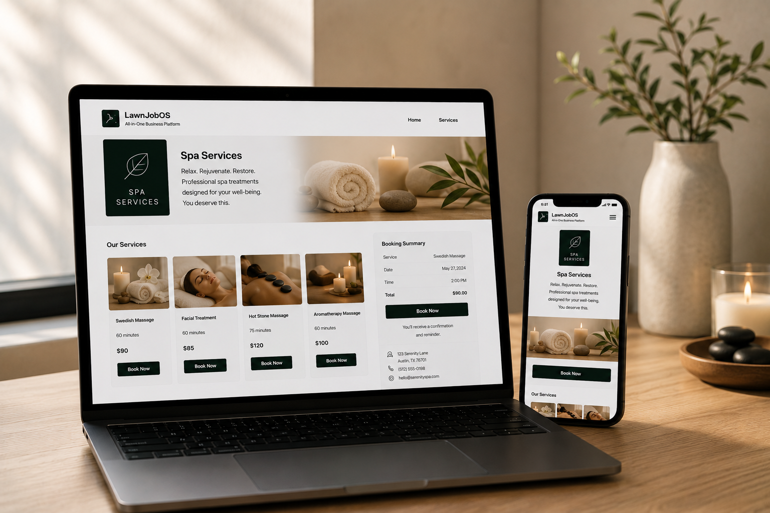 LawnJobOS booking website and mobile app shown for a Spa Services Social Commerce for Service Businesses business.