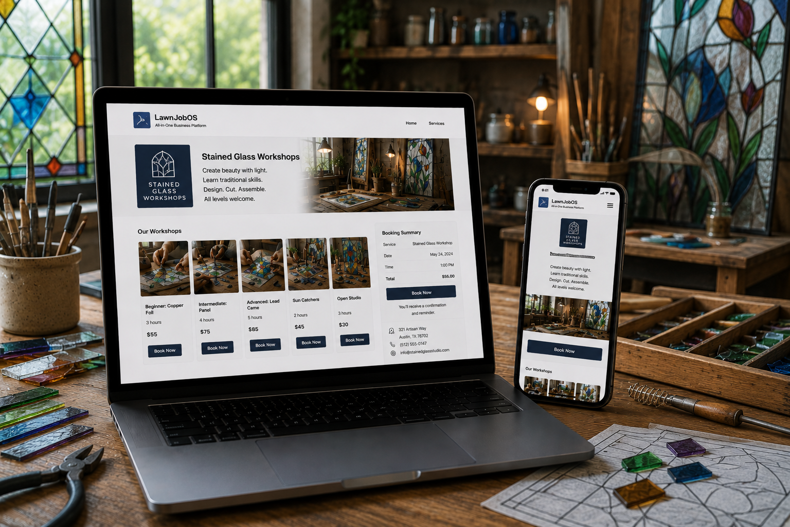 LawnJobOS booking software displayed on a laptop and mobile phone for a Stained Glass Classes Local Services Social Platform business owner.
